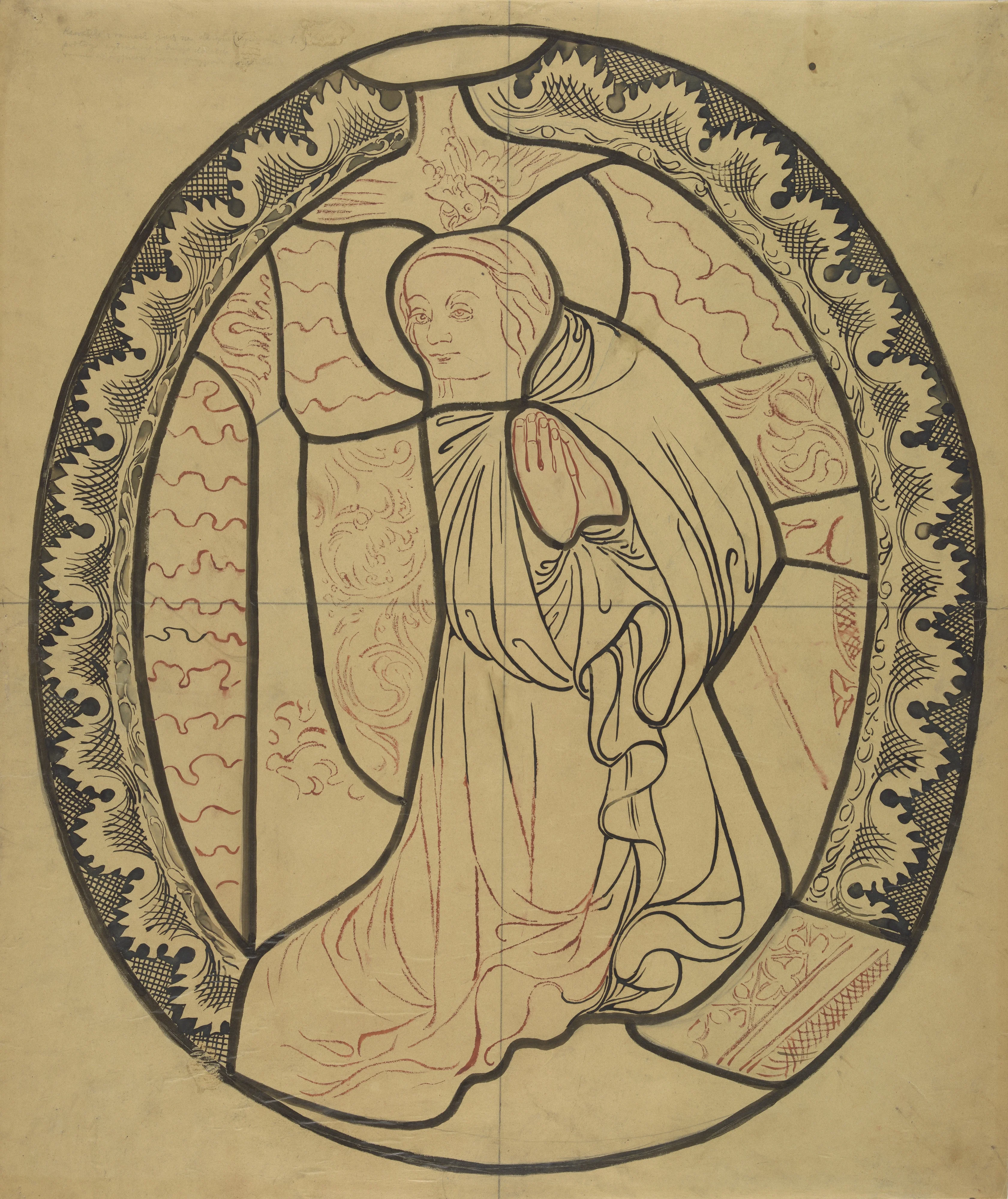 The Blessed Virgin Mary from the scene "Annunciation" (right part). Artistic reconstruction of a stained-glass panel from the Dominican church in Kraków, detail