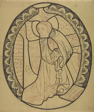 The Blessed Virgin Mary from the scene "Annunciation" (right part). Artistic reconstruction of a stained-glass panel from the Dominican church in Kraków, by Stanisław Wyspiański, ink, 1898