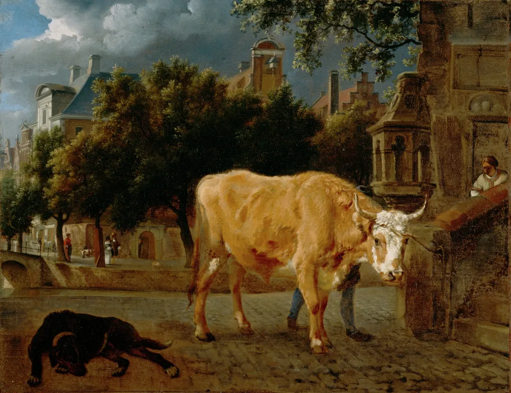 Bull in a City Street, by Adriaen van de Velde, oil, 1670