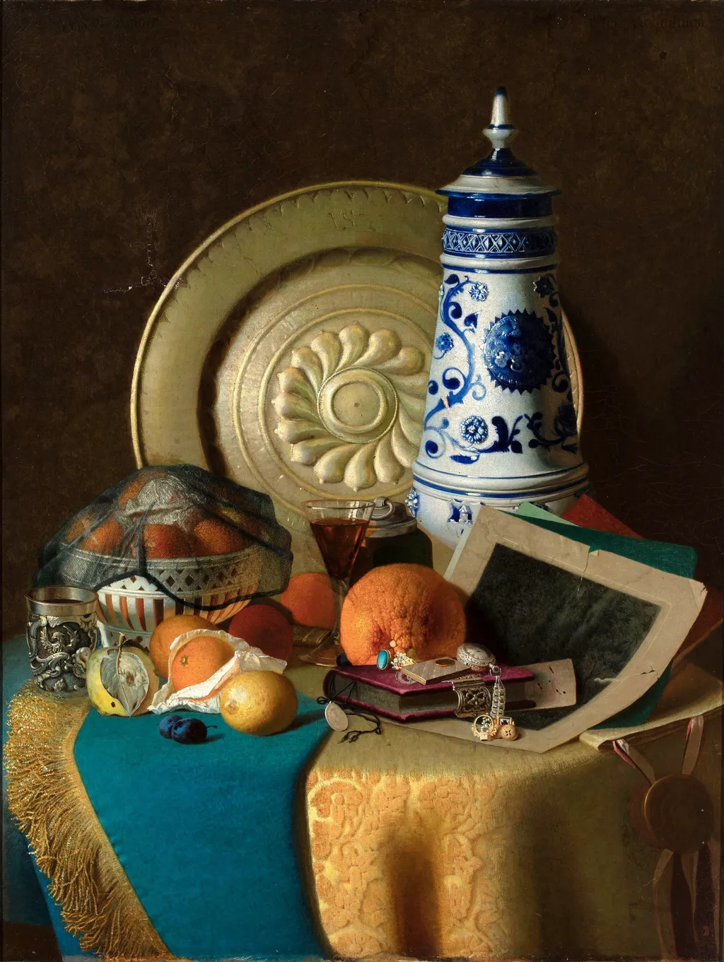 Still life with books, by Wiktor Skinder, oil, 1875