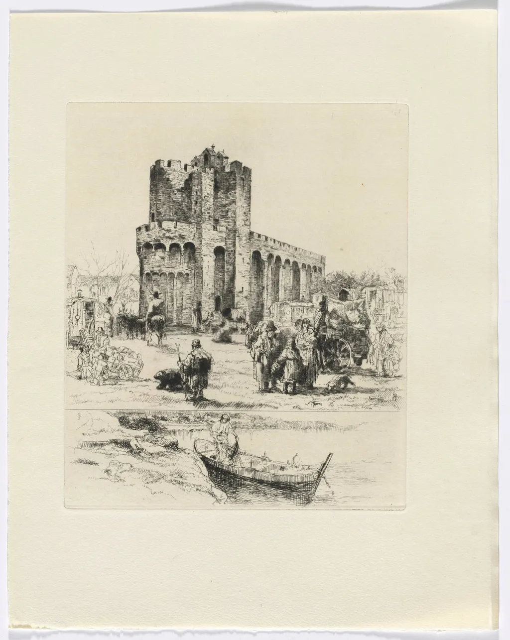 Frédéric Mistral: Mémoires et Recits by Frédéric Mistral: Romanesque church and figures/ man in boat (insert after p. 168), by Auguste Brouet, 1937