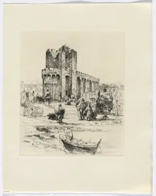 Frédéric Mistral: Mémoires et Recits by Frédéric Mistral: Romanesque church and figures/ man in boat (insert after p. 168), by Auguste Brouet, 1937