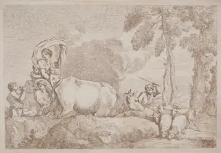 A Woman with Two Children on Horseback, by Gaetano Zompini, ink, 1758
