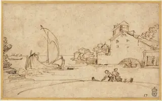 Landscape with Figures by an Estuary with Sailing Boats, by Annibale Carracci, ink, 1592