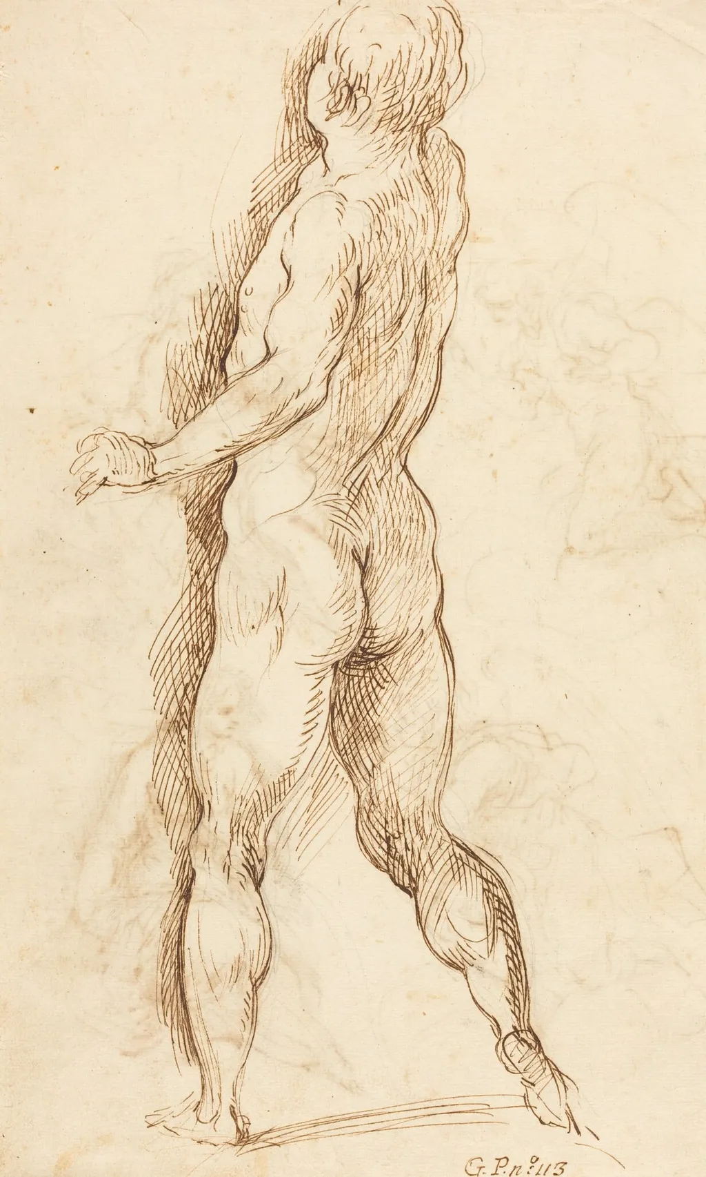 Nude Man Seen from Behind [verso], by Jacopo Palma il Giovane, ink, 1588