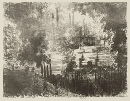 English War Work:  Munitions River, by Joseph Pennell, 1916