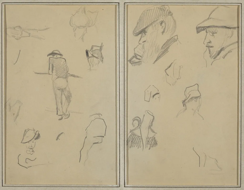 A Man Leaning on a Wall with Five Other Studies; Two Bearded Men Wearing Hats, and Five Other Studies [recto], by Paul Gauguin, graphite, 1886