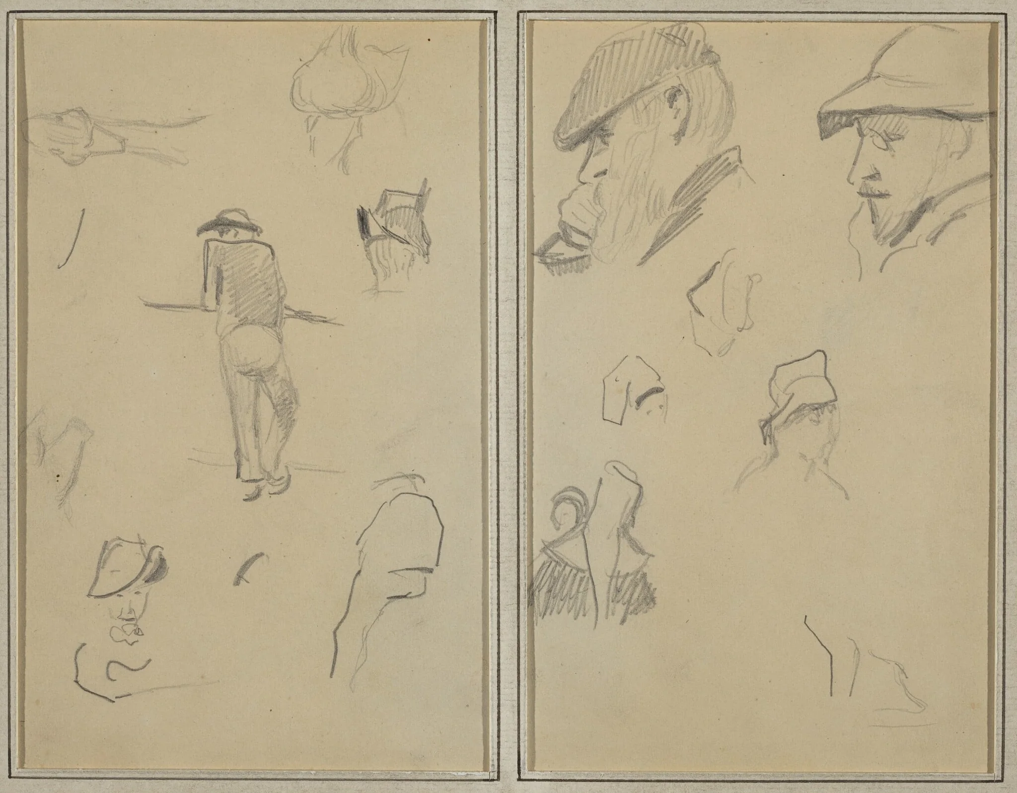 A Man Leaning on a Wall with Five Other Studies; Two Bearded Men Wearing Hats, and Five Other Studies [recto], detail