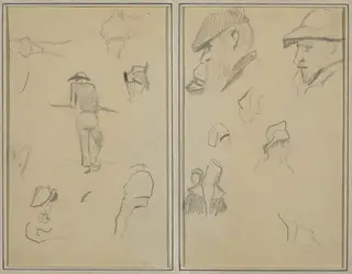 A Man Leaning on a Wall with Five Other Studies; Two Bearded Men Wearing Hats, and Five Other Studies [recto], by Paul Gauguin, graphite, 1886