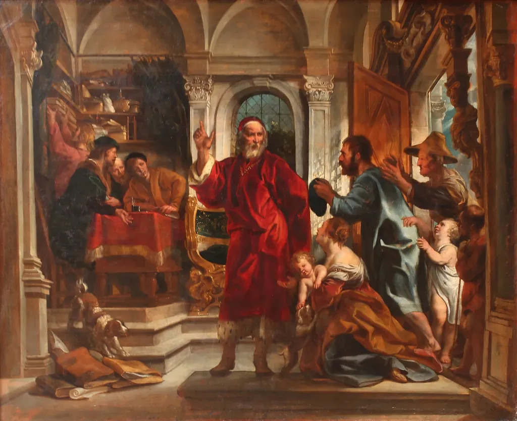 Saint Ivo of Kermartin helping the poor, by Jacob Jordaens, oil, 1645