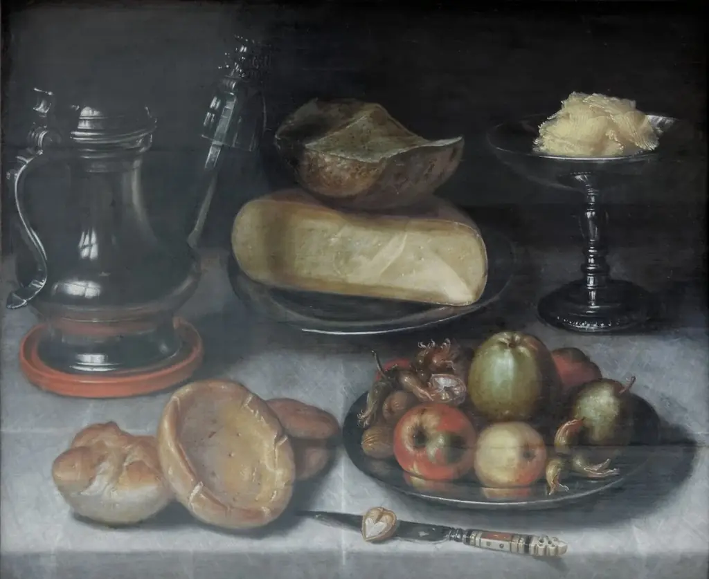 Still Life with Pewter Jug, Fruit and Cheese, by Cornelis Jacobsz. Delff, oil, 1612