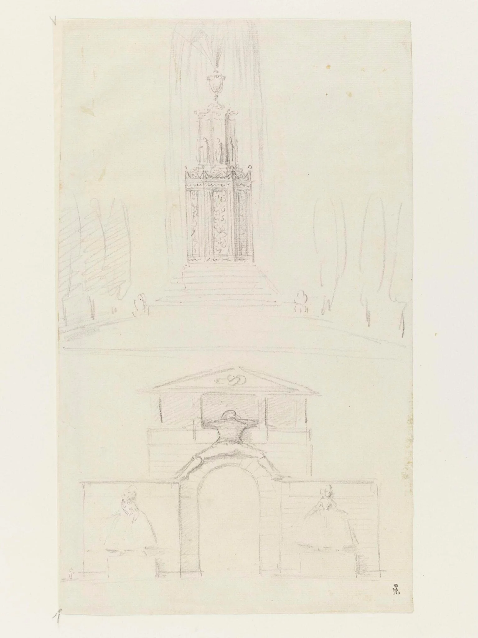 Pencil drawing of a fountain and entryway, detail