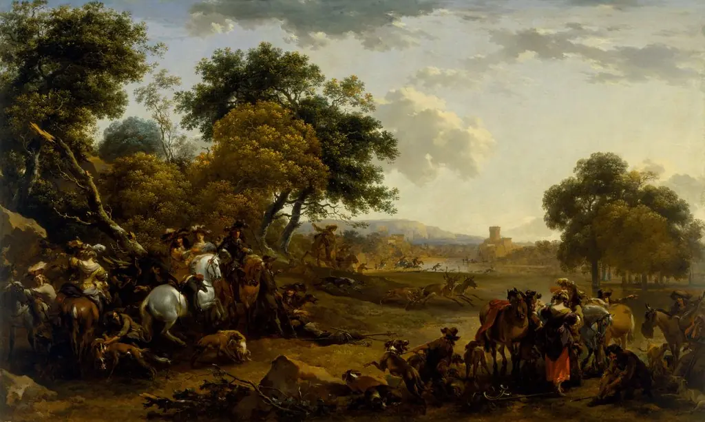 Landscape with a Hunting Party, by Nicolaes Pieterszoon Berchem, oil, 1655