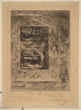Frontispiece for "Zigzags d'un Curieux, d'Octave Uzanne", by Félix-Hilaire Buhot, ink, 1888