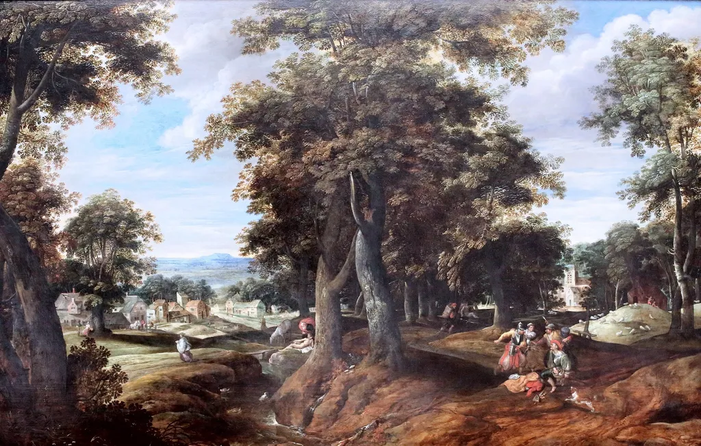Panoramic wooded landscape with the parabel of the Good Samaritan (Luke 10:25-37), by Cornelis Molenaer, paint, 1590