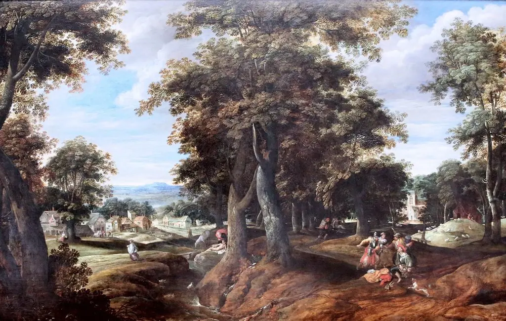 Panoramic wooded landscape with the parabel of the Good Samaritan (Luke 10:25-37), by Cornelis Molenaer, paint, 1590