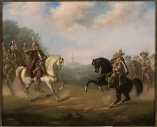 King John III Sobieski meets emperor Leopold at Vienna, by Feliks Sypniewski, oil, 1876