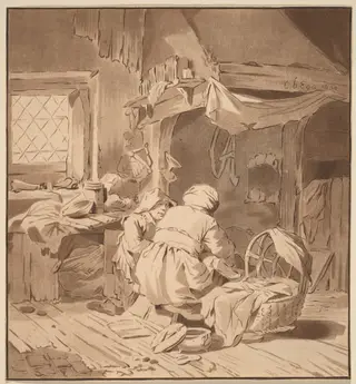 Interior of a Peasant House with Two Women, by Cornelis Ploos van Amstel, ink, 1772