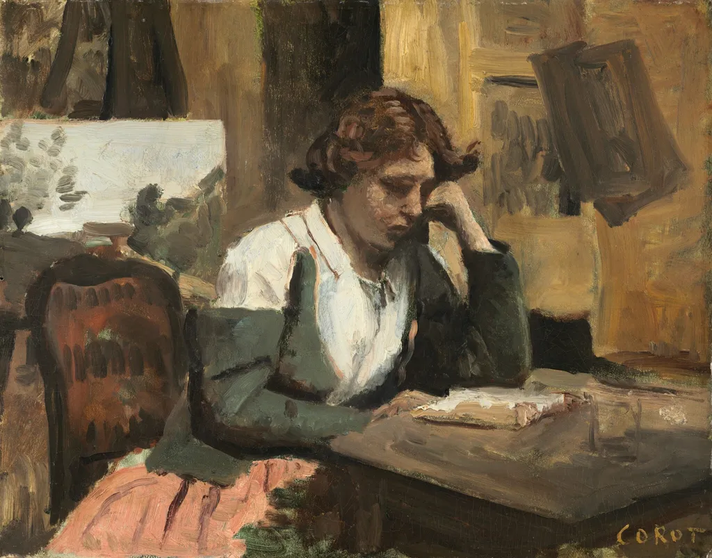 Woman Reading in the Studio, by Jean Baptiste Camille Corot, oil, 1868