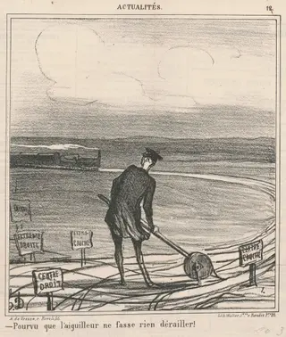 Pourvu que l'aiguilleur ne fasse rien dérailler!, by Honoré Daumier, ink, 1870