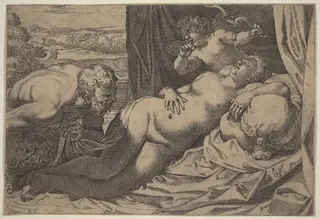 Venus and a Satyr, by Annibale Carracci, ink, 1592