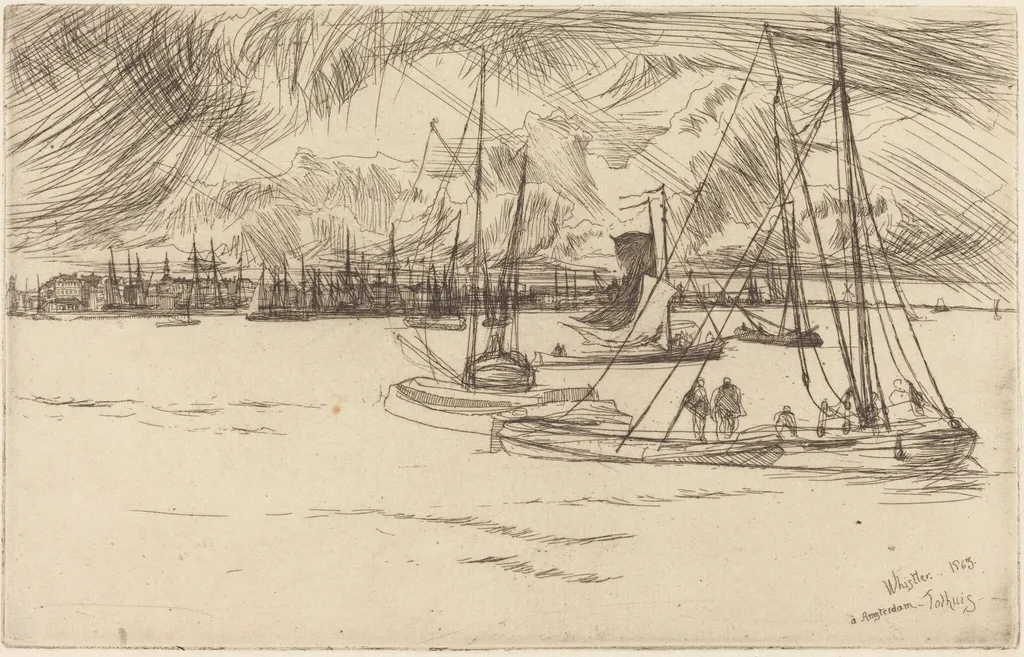 Amsterdam from the Tolhuis, by James McNeill Whistler, ink, 1863