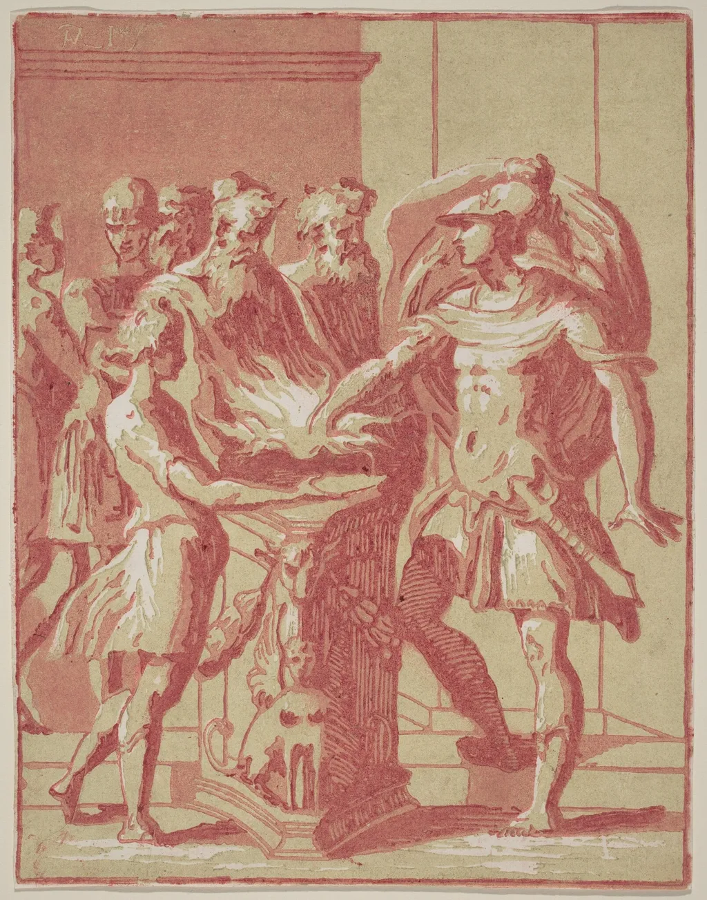 Mucius Scaevola Putting his Hand in a Fire, by Anton Maria Zanetti I, ink, 1724