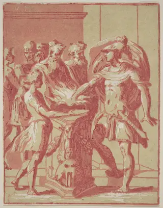 Mucius Scaevola Putting his Hand in a Fire, by Anton Maria Zanetti I, ink, 1724
