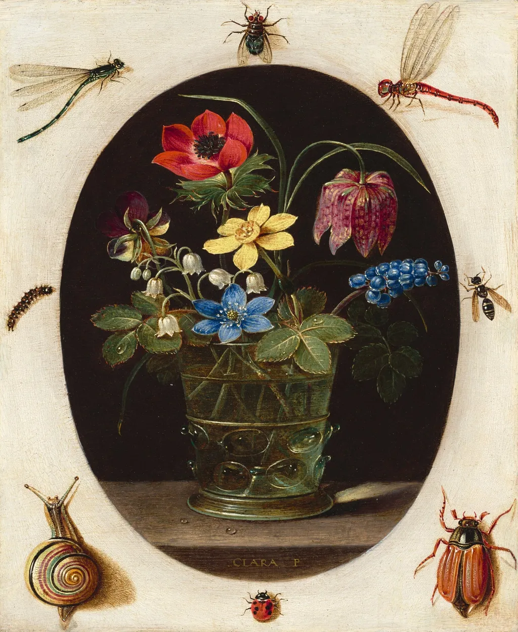 Still Life with Flowers Surrounded by Insects and a Snail, by Clara Peeters, oil, 1610