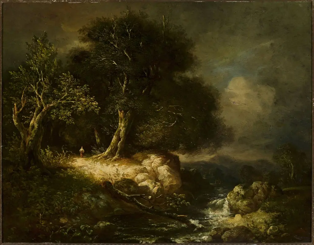 Forest landscape with a road and a river, by James Stark, oil, 1836