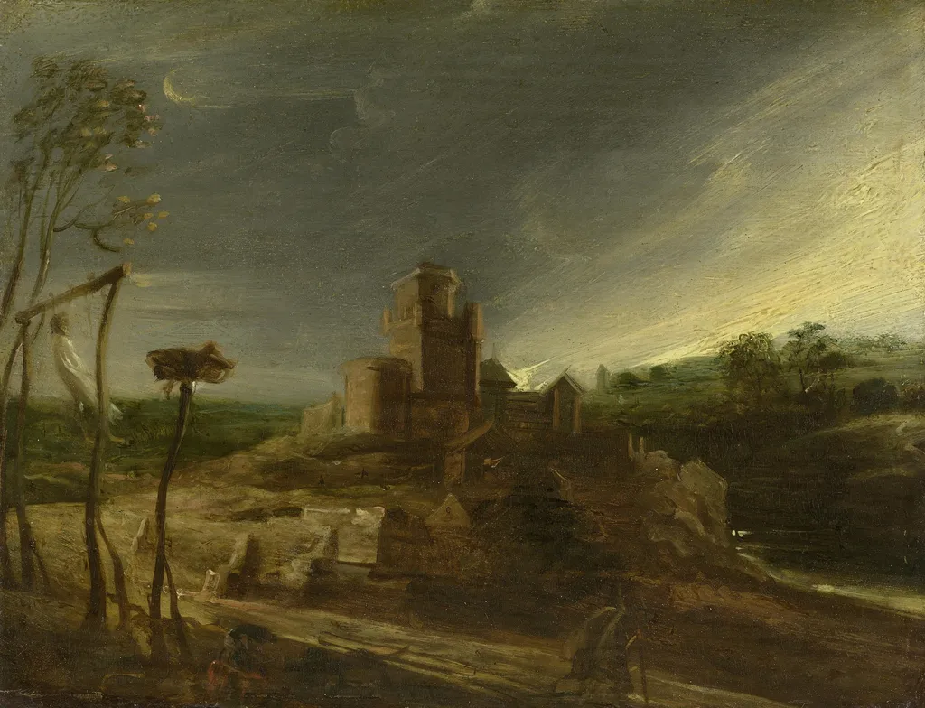 Landscape with a hanged man on a gallows, by Peter Paul Rubens, paint, 1636