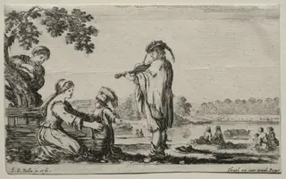 Various Figures and Landscapes:  A Violin Player, by Stefano Della Bella, 1649