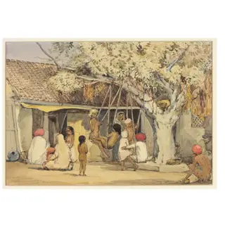 Children swinging Sudder bazaar. Poona, by William Carpenter, paint, 1850