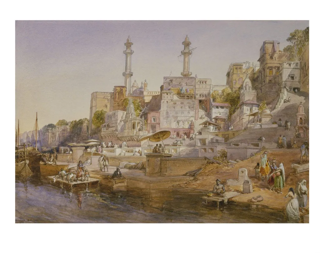The Mosque of Aurangzeb and Panchganga Ghat from the Ganges, Benares., by William Simpson, paint, 1860