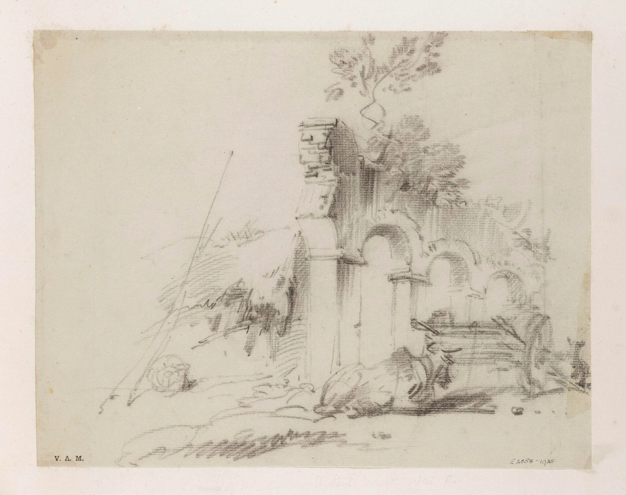 An ox and cart by a ruined building, Bengal, detail