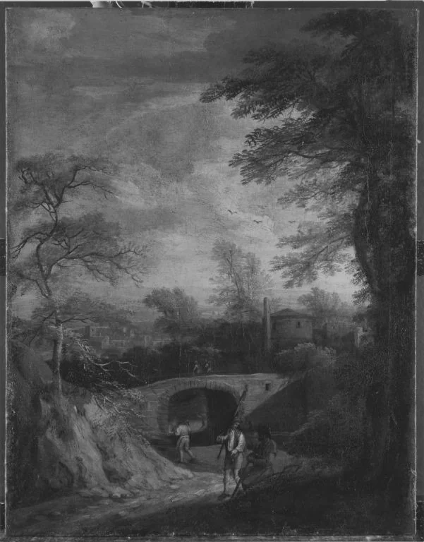 Italienische Abendlandschaft mit Brücke (Art des), detail