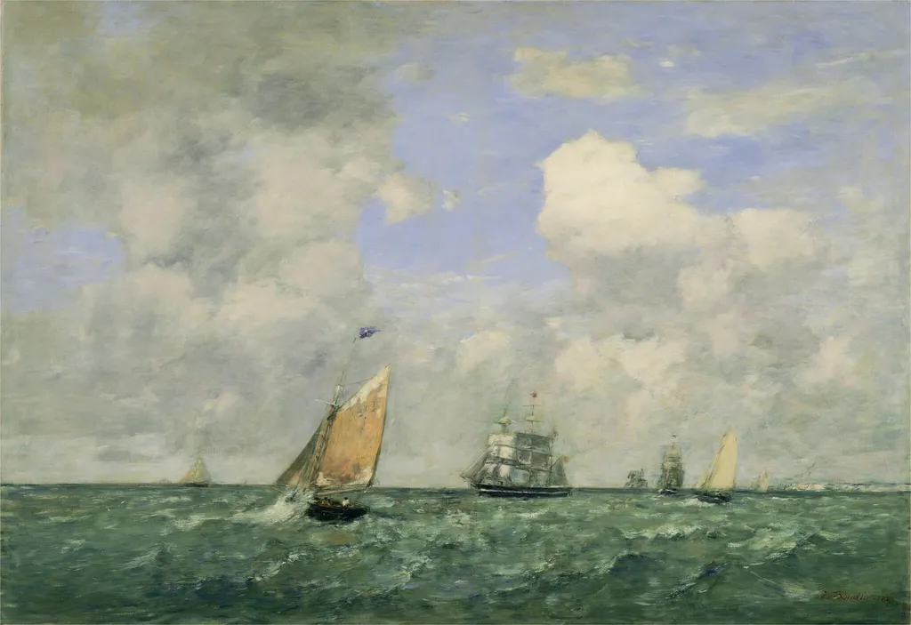 Ships and Sailing Boats Leaving Le Havre, by Eugène Louis Boudin, oil, 1887