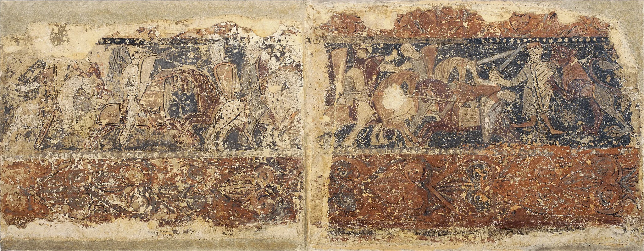 Profane paintings from Sigena: Knights in battle and soldier attacked by a lion, detail