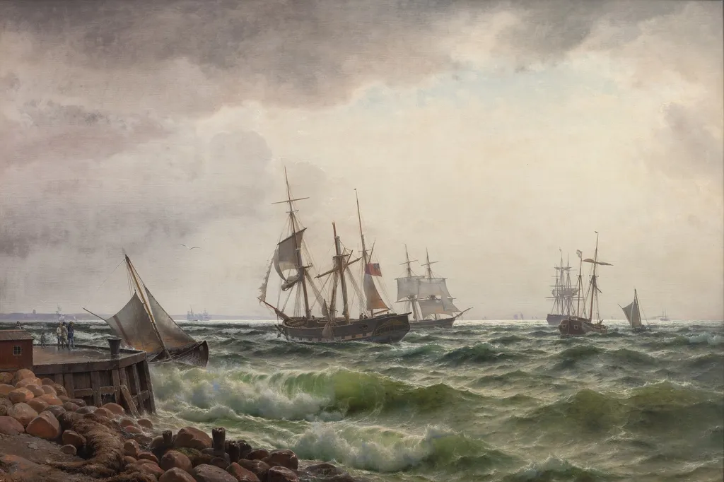Skibe under land efter en byge, by Carl Neumann, oil, 1867