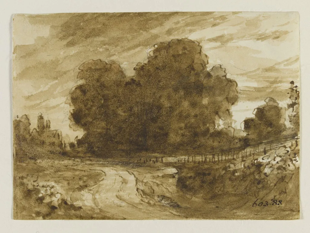 A country road with elm trees, by John Constable, 1830