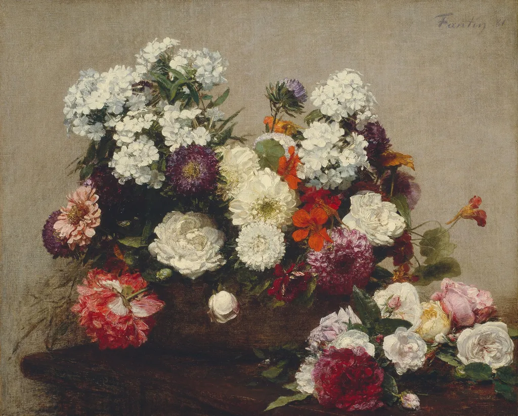 Still Life with Flowers, by Henri Fantin-Latour, oil, 1891