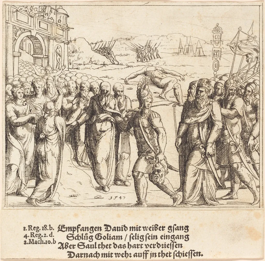 David is Welcomed after Killing Goliath, and Saul's Jealousy, by Augustin Hirschvogel, ink, 1547