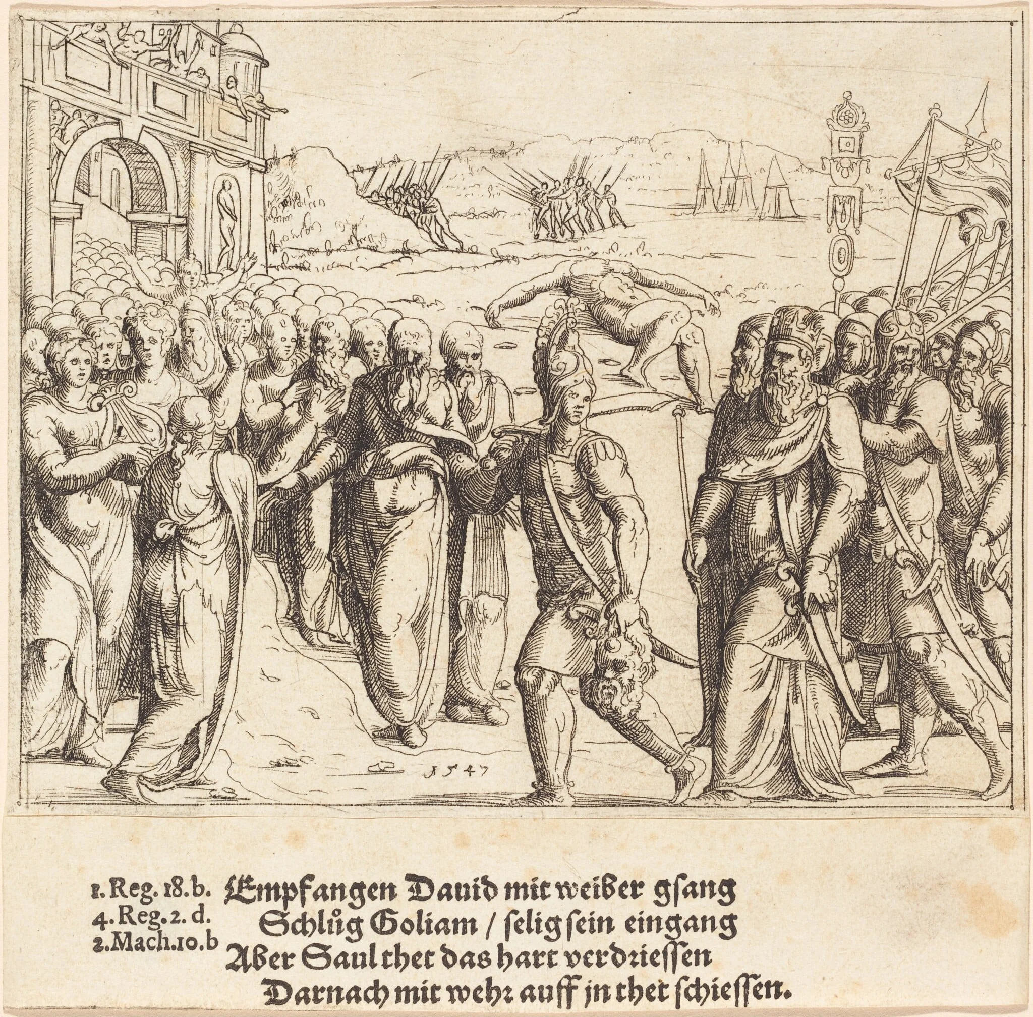 David is Welcomed after Killing Goliath, and Saul's Jealousy, detail
