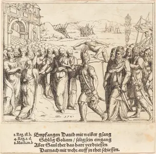 David is Welcomed after Killing Goliath, and Saul's Jealousy, by Augustin Hirschvogel, ink, 1547