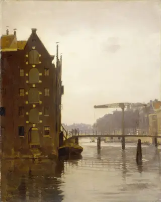 Pakhuizen aan een Amsterdamse gracht op Uilenburg, by Willem Witsen, oil, 1911