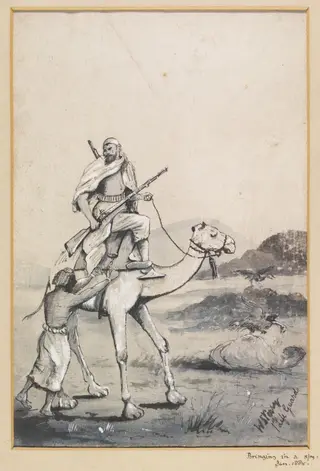 Bringing in a spy.  Jan. 1885, by William S. Perry, watercolor, 1885