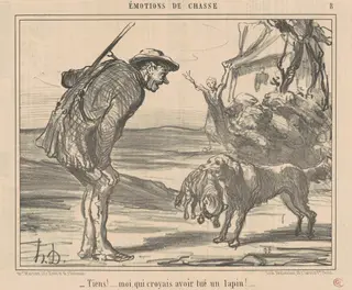 Tiens! Moi, croyais avoir tué un lapin! ..., by Honoré Daumier, ink, 1857