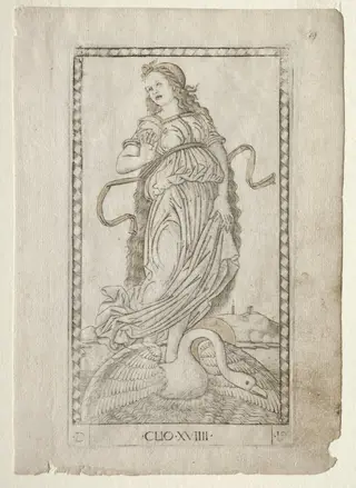 Clio (history) (from the Tarocchi series D:  Apollo and the Muses, #19), by Master of the E-Series Tarocchi, 1467