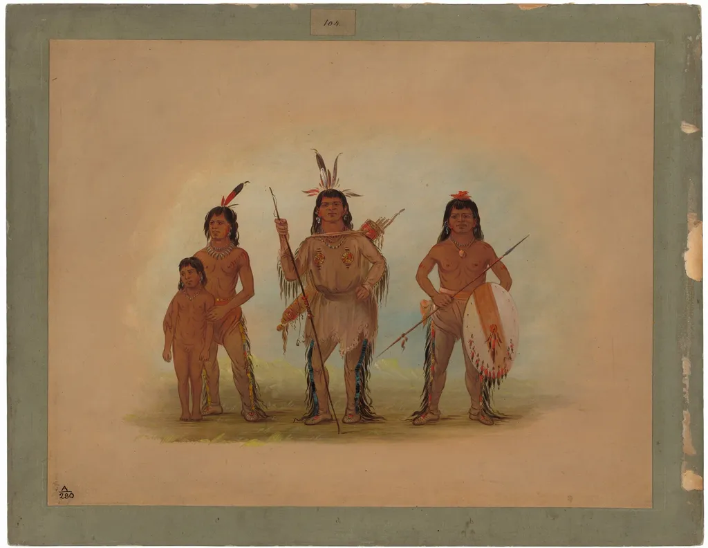 Spokan Chief, Two Warriors, and a Boy, by George Catlin, oil, 1862