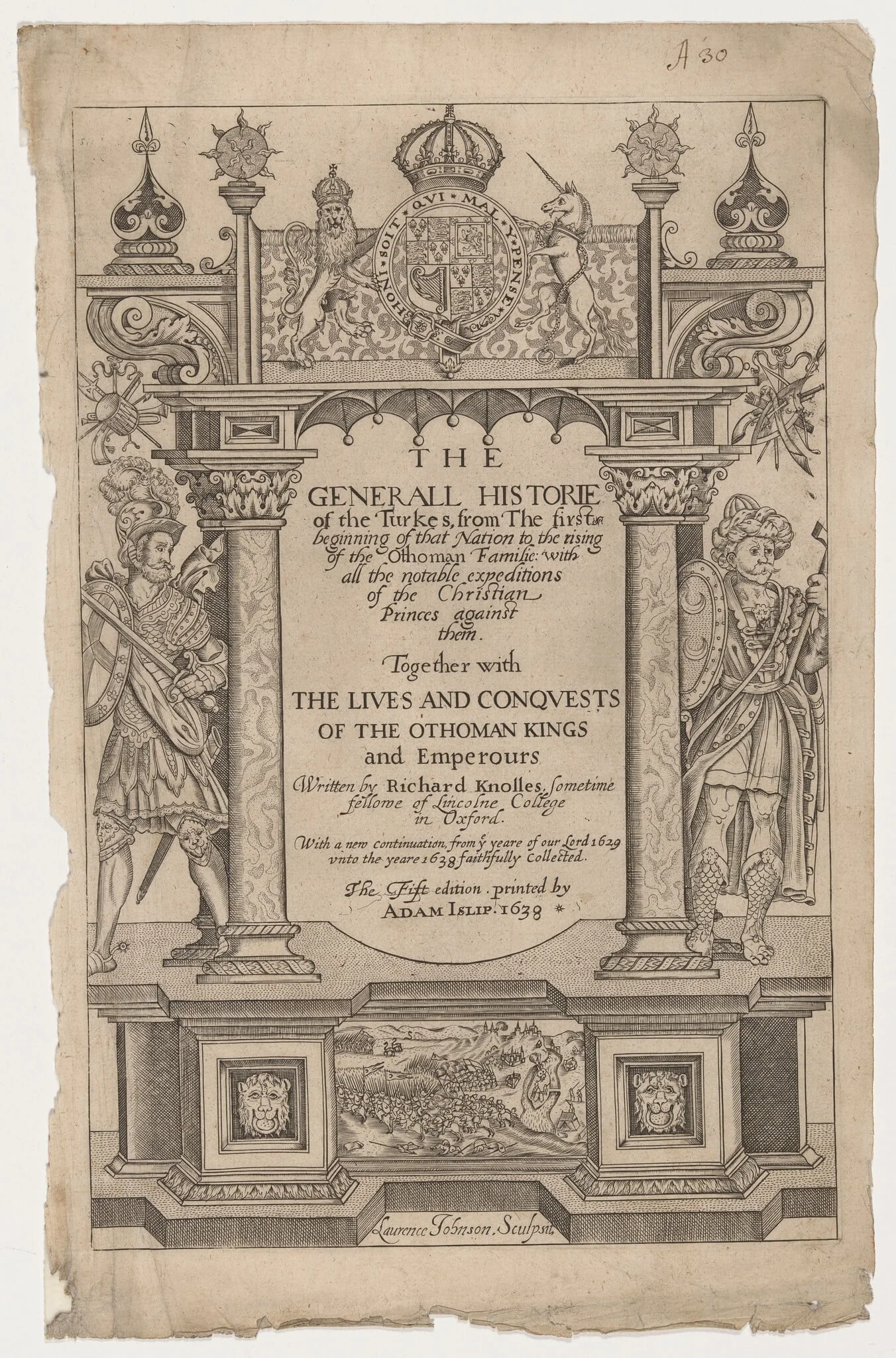 Title Page for R. Knolles Generall Historie of the Turkes, detail